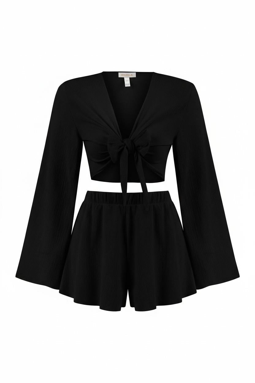 Dokulu Desenli Crop  Top - Şort Takım