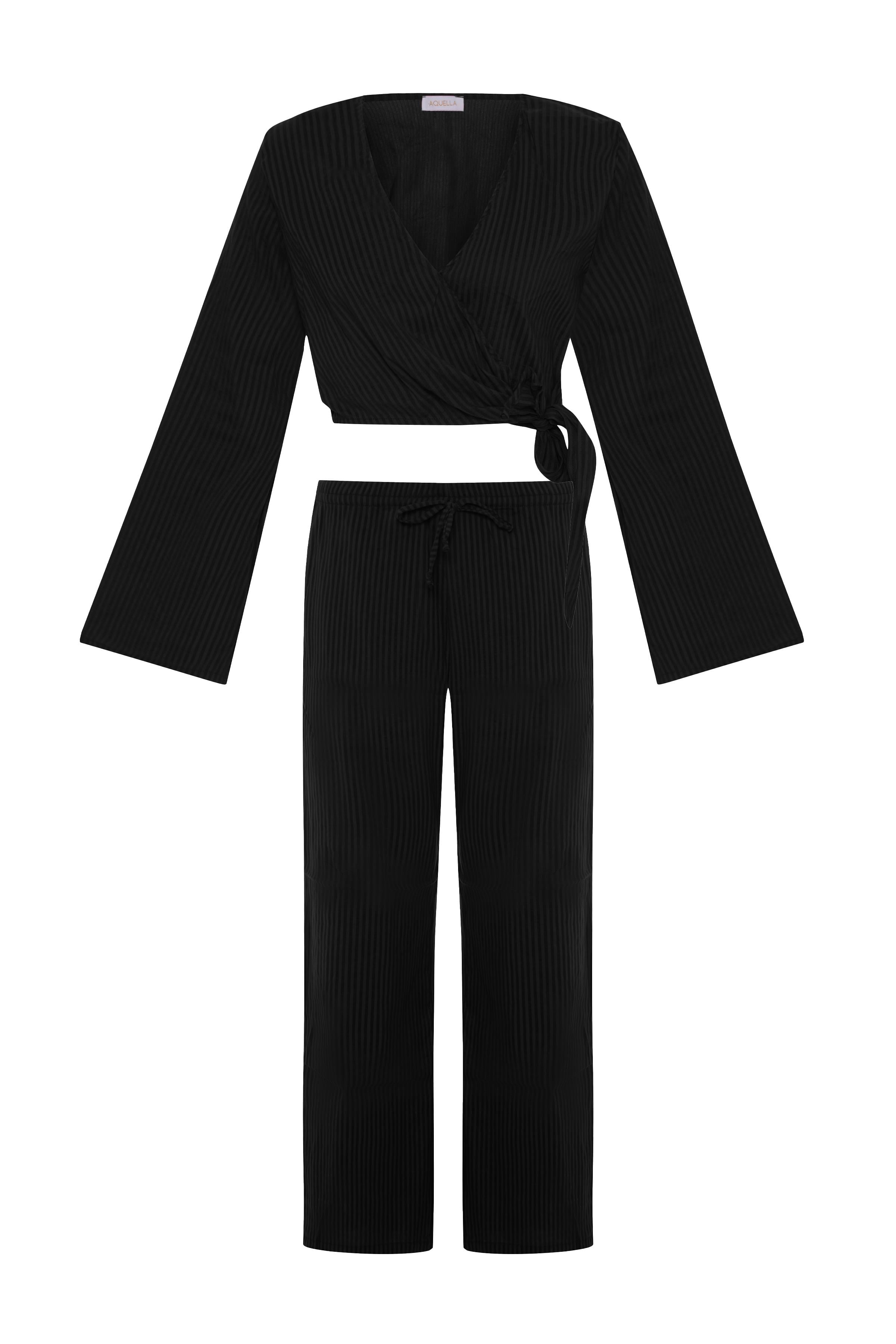 Dokulu Siyah Crop Top-Pantolon Takım