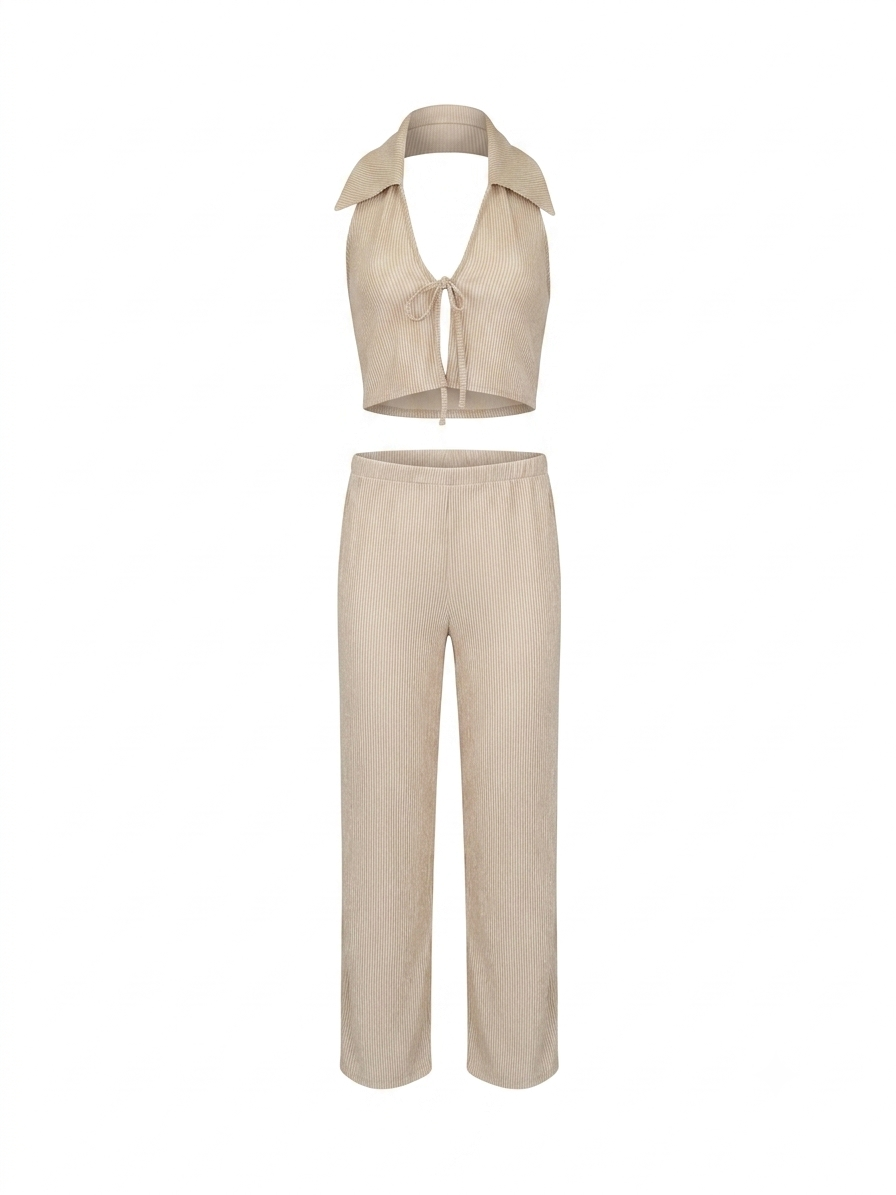 Gold Bej Crop Pantolon Takım
