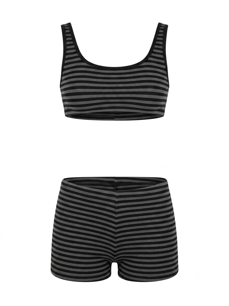 Gri Siyah Stripe Büstiyer Şort Takım