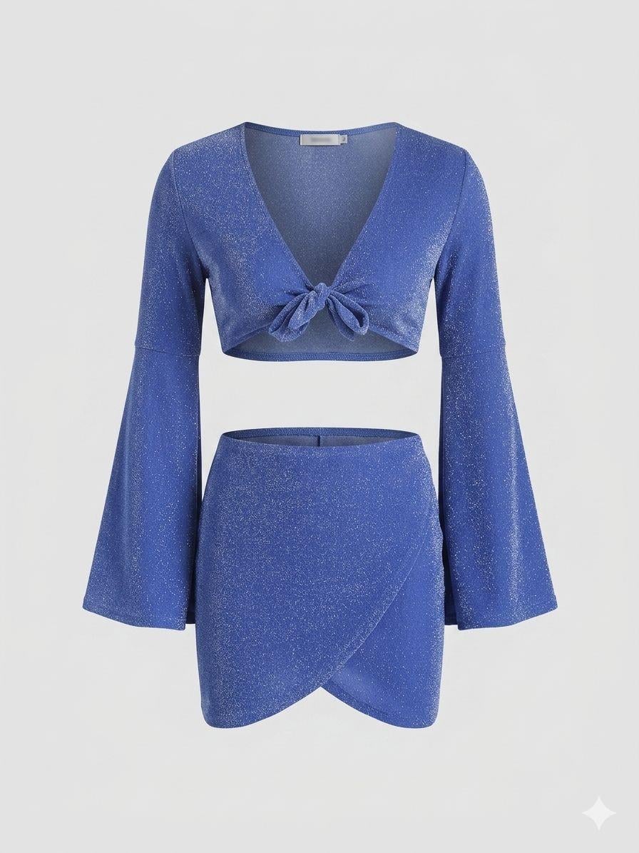Lurex Saks Mavi Crop-Etek Takım