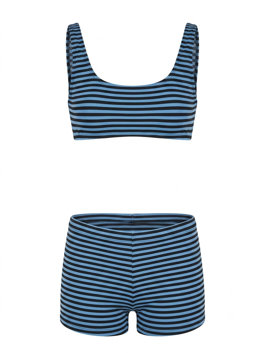 Mavi Siyah Stripe Büstiyer Şort Takım
