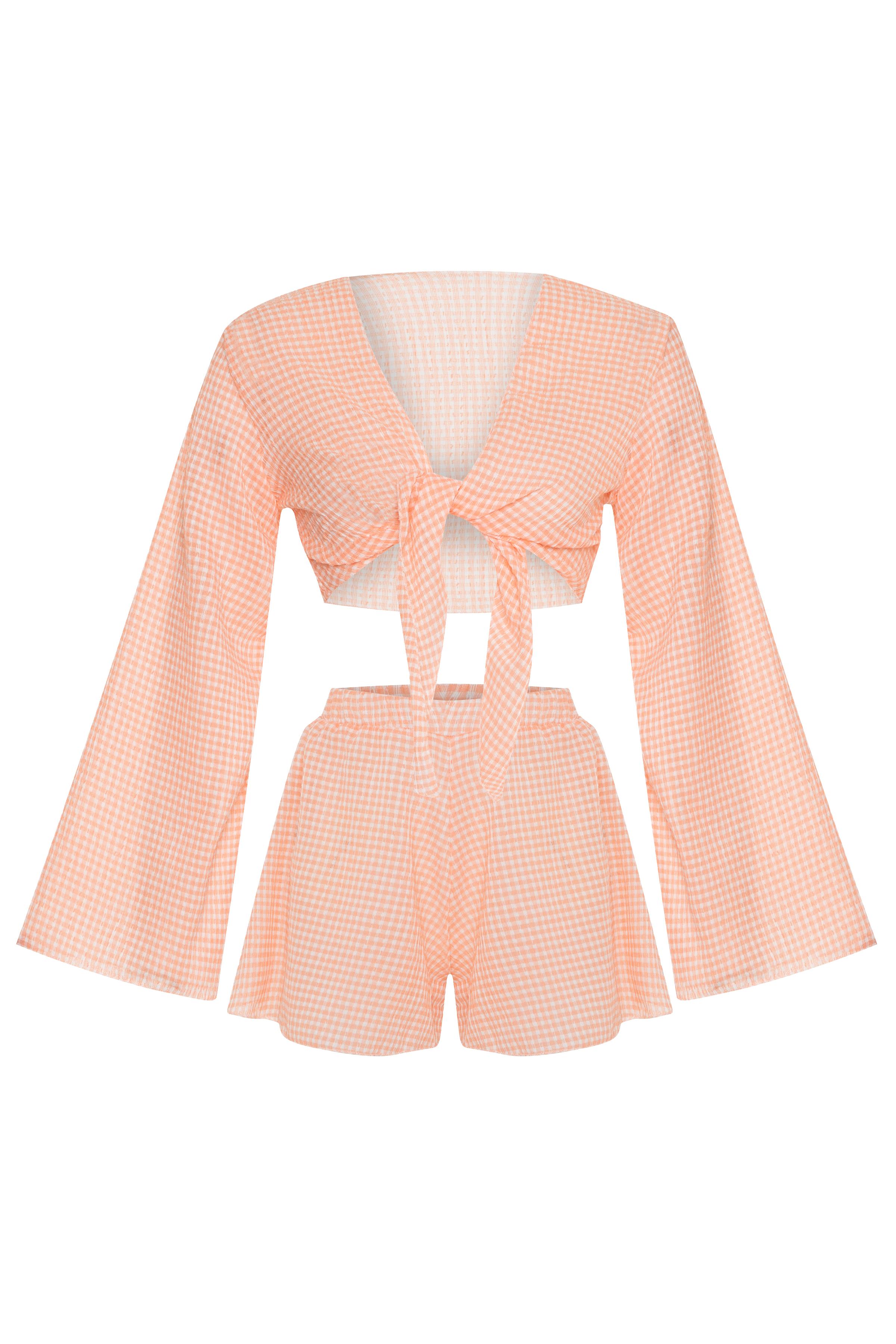 Pötikareli Gofre Oranj Crop Top-Şort Takım