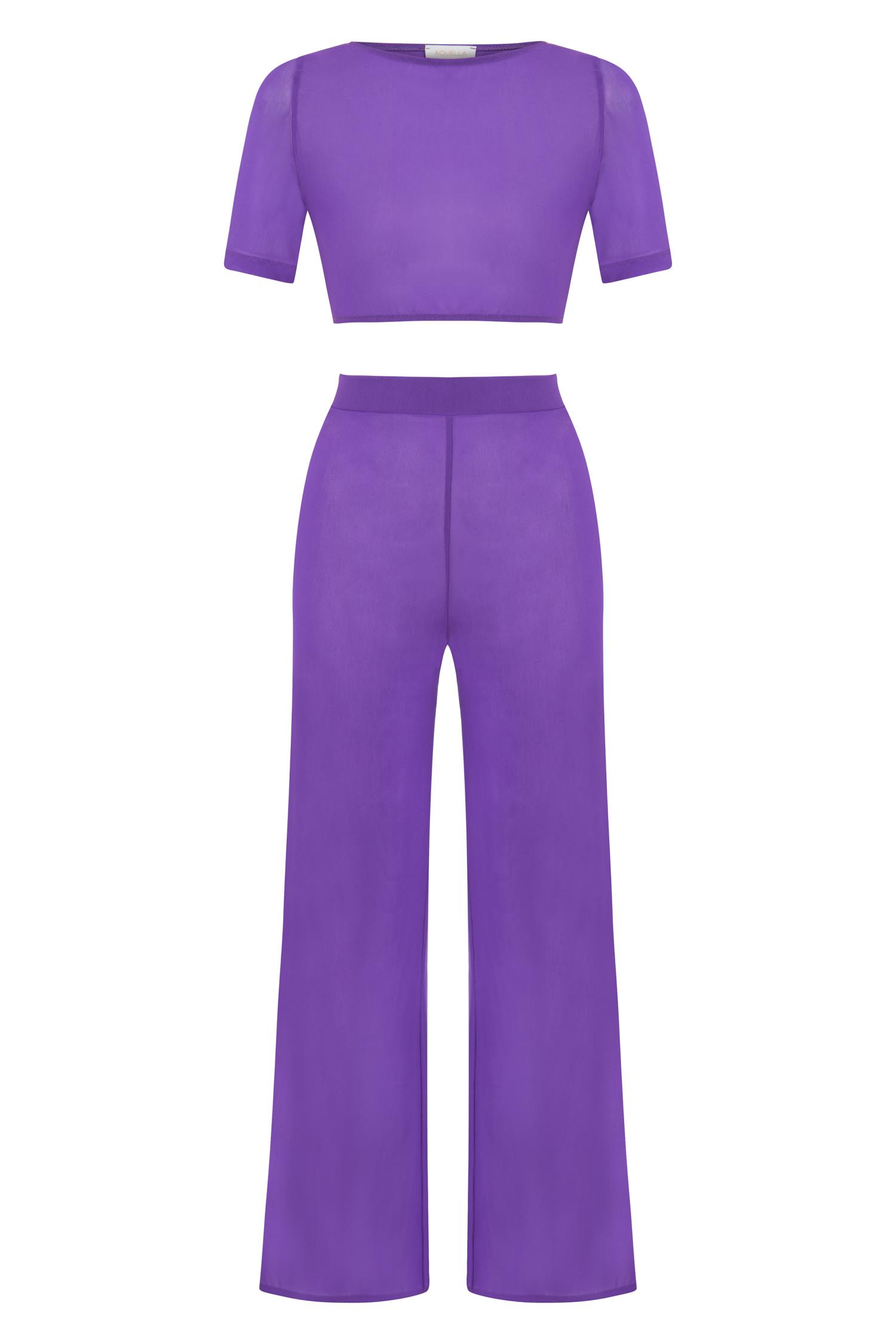 Sırt Dekolte Mor Crop Top-Pantolon Takım