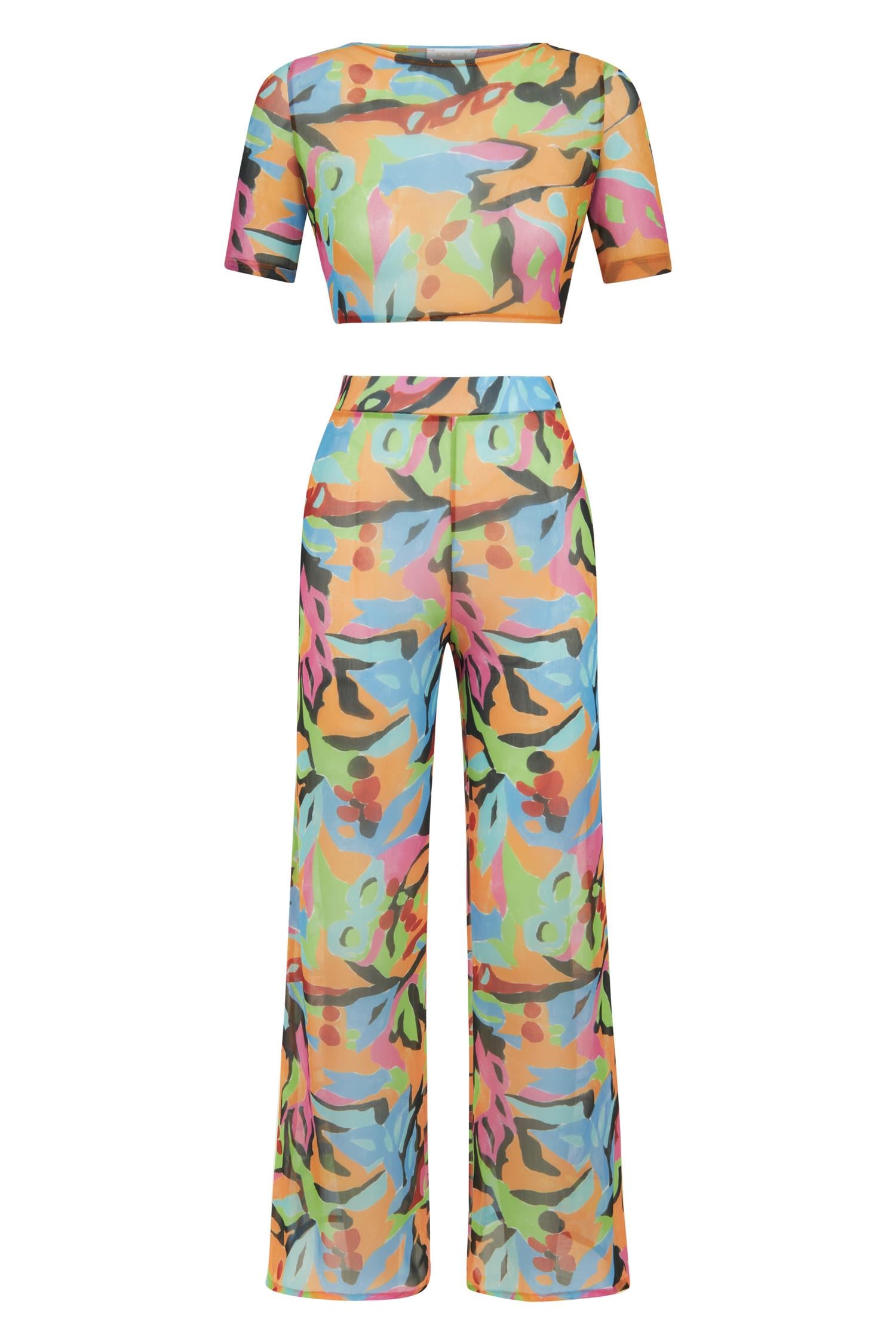 Sırt Dekolte Suluboya Desen Crop Top- Pantolon Takım