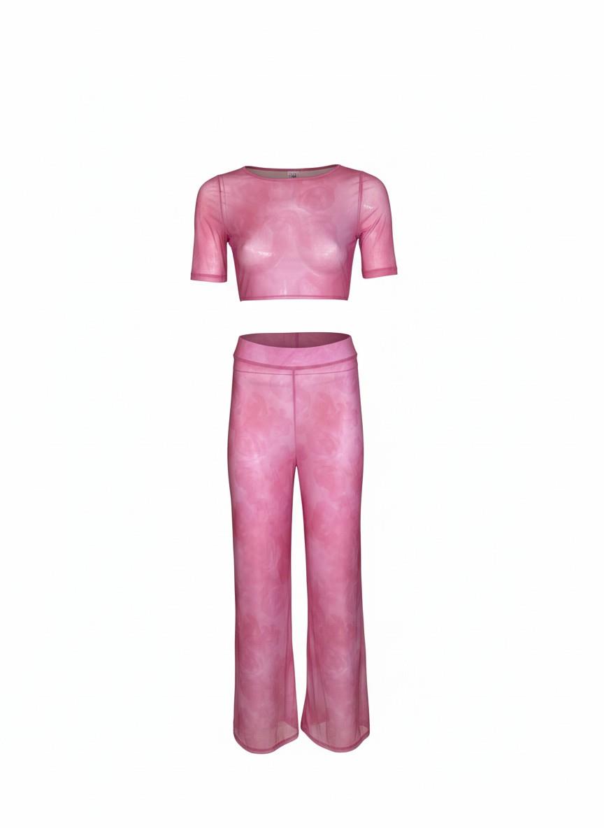 Sırt Dekolteli Pembe Crop Top-Pantolon Takım