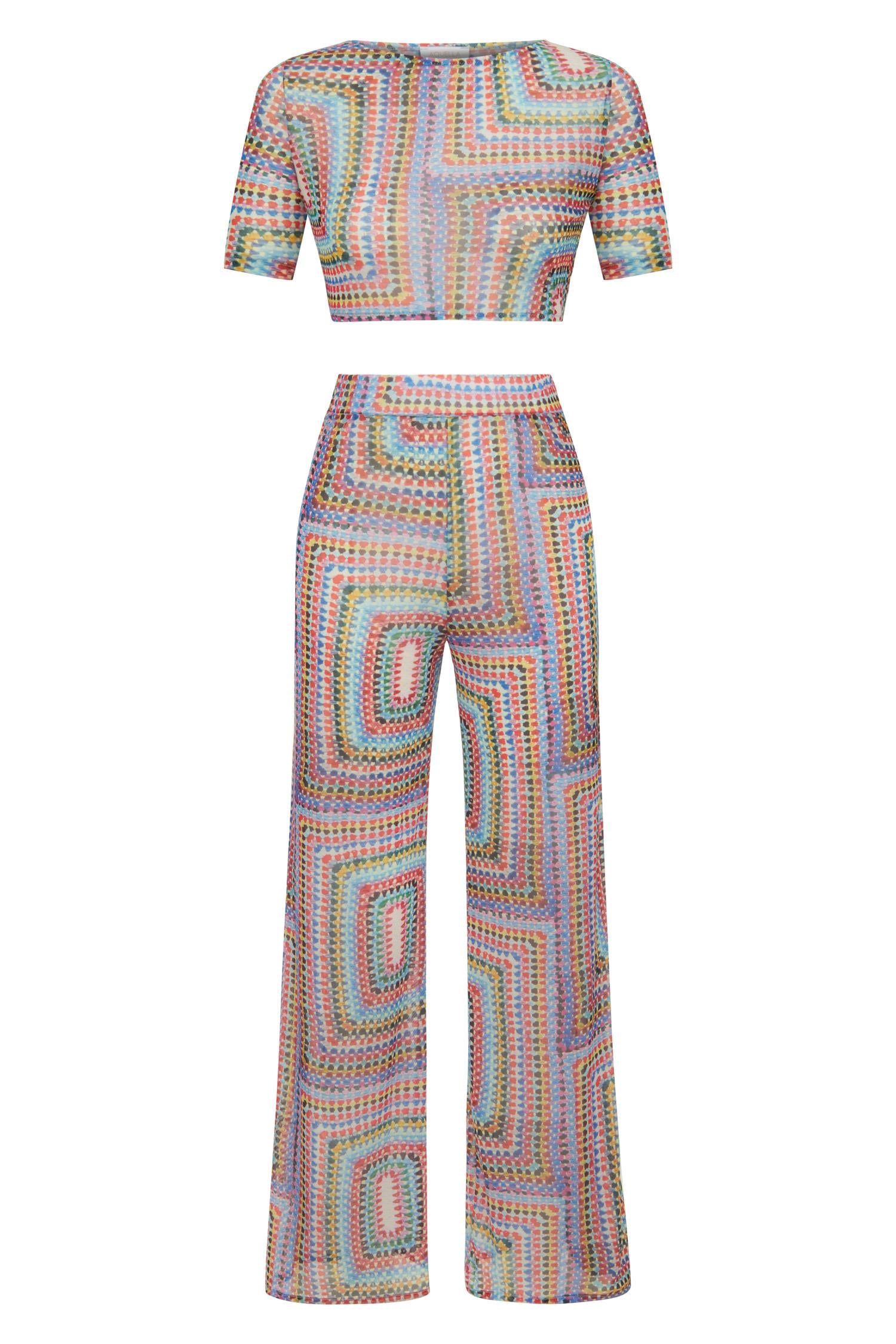 Sırt Dekolteli Renkli Triko Crop Top-Pantolon Takım
