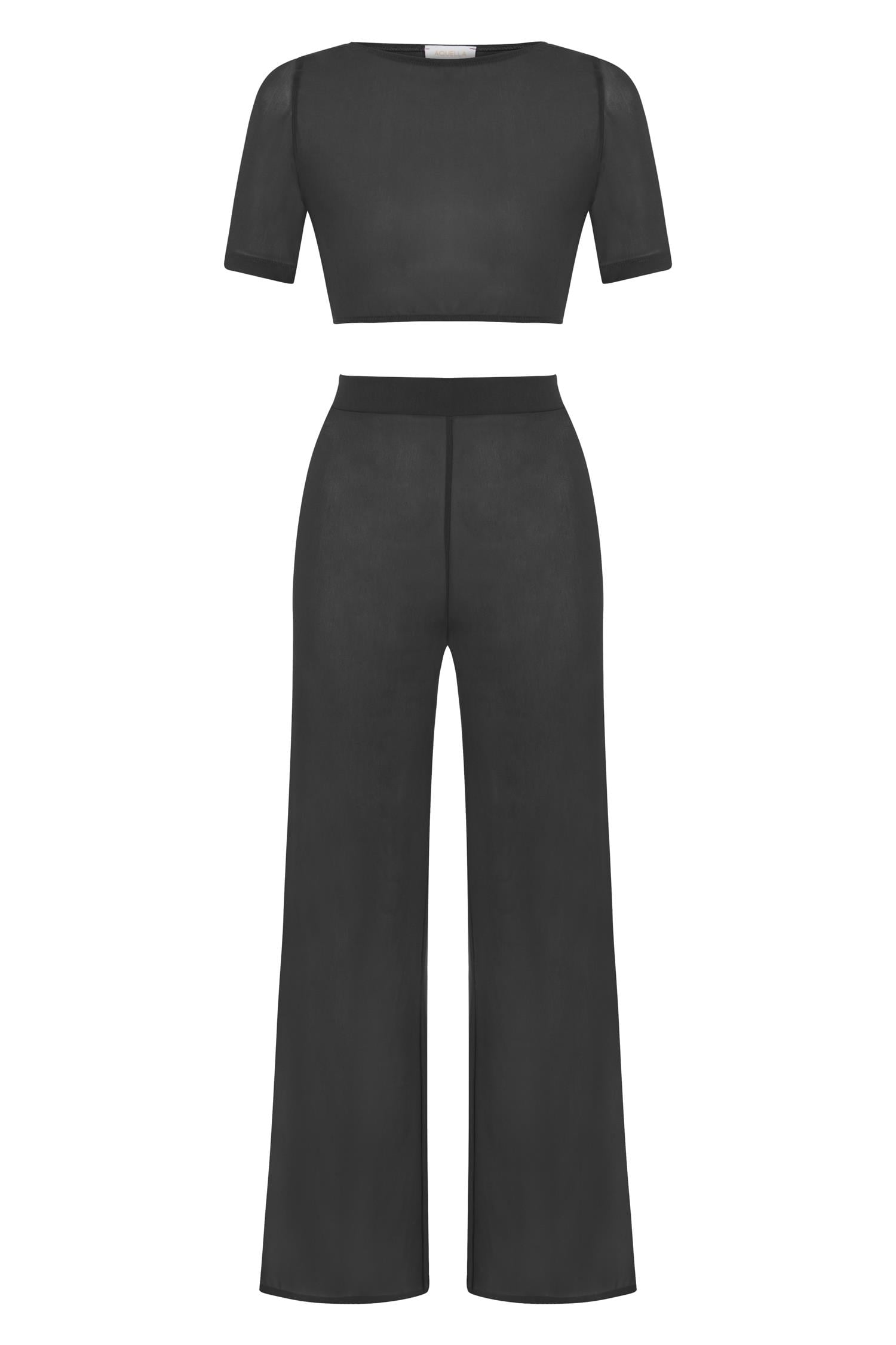 Sırt Dekolteli Siyah Tül Crop Top-Pantolon Takım