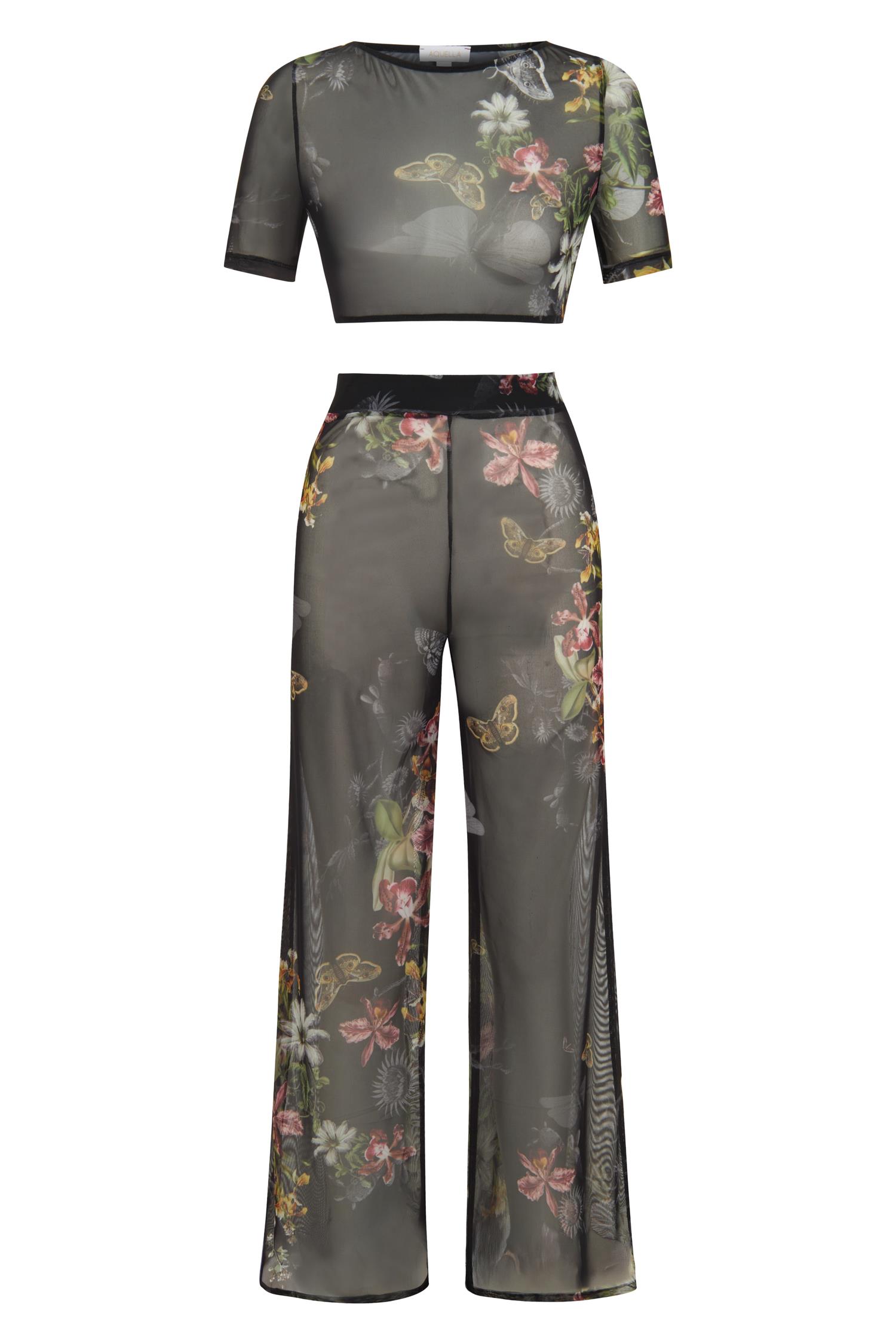 Sırt Dekolteli Yeşil Desenli Crop Top-Pantolon Takım