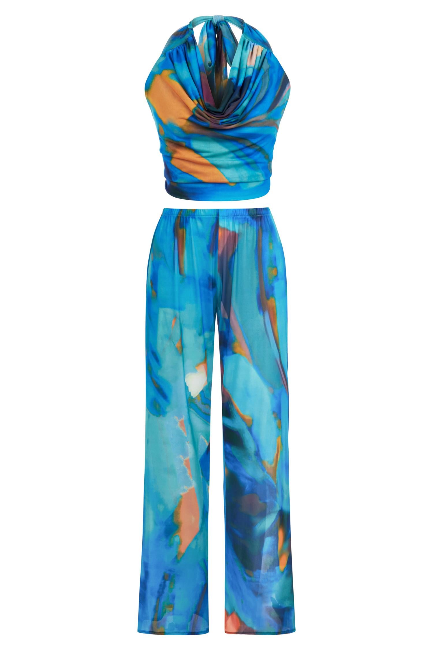 Tül Mavi Desenli Crop Top-Pantolon Takım