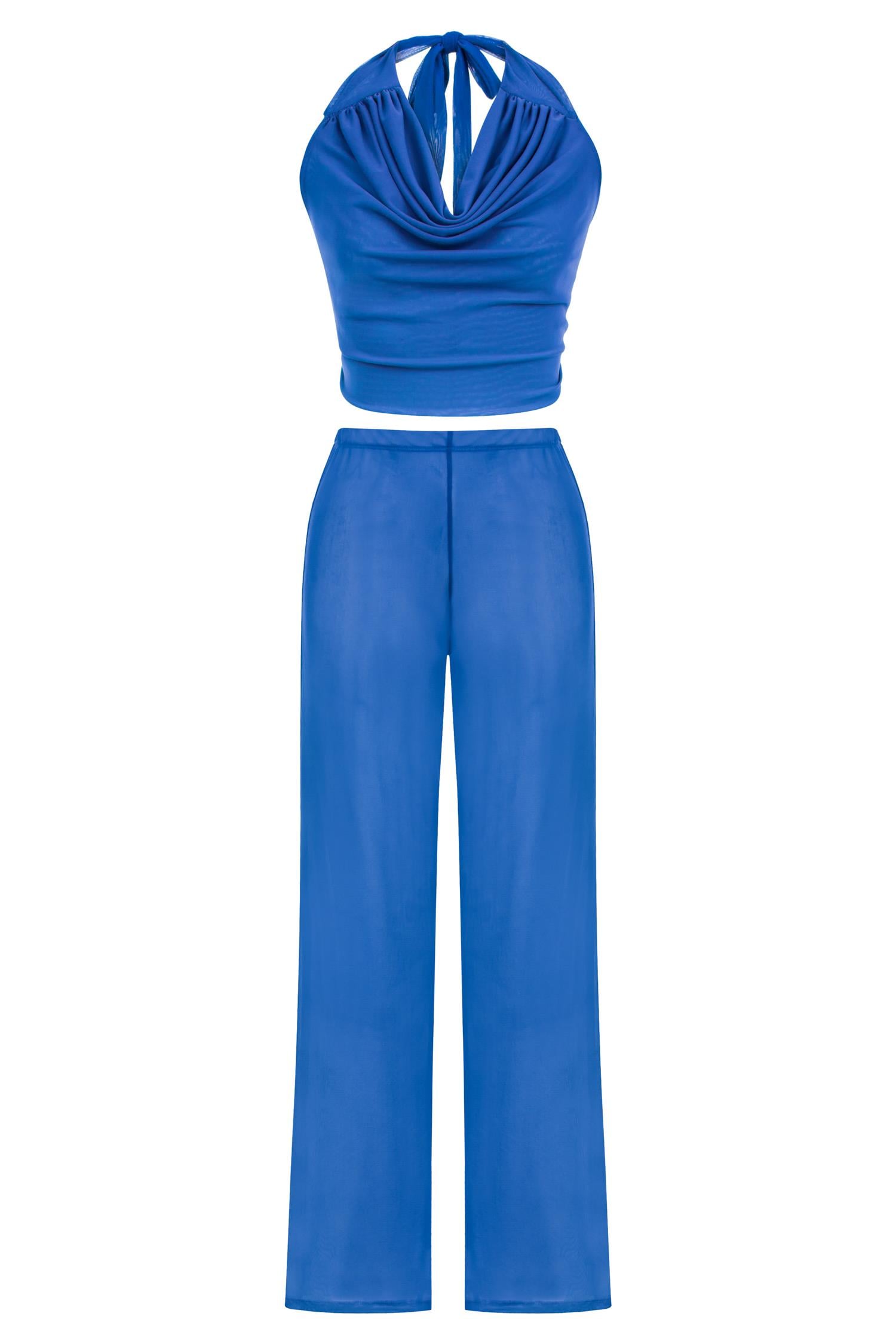 Tül Saks Mavi Crop Top-Pantolon Takım