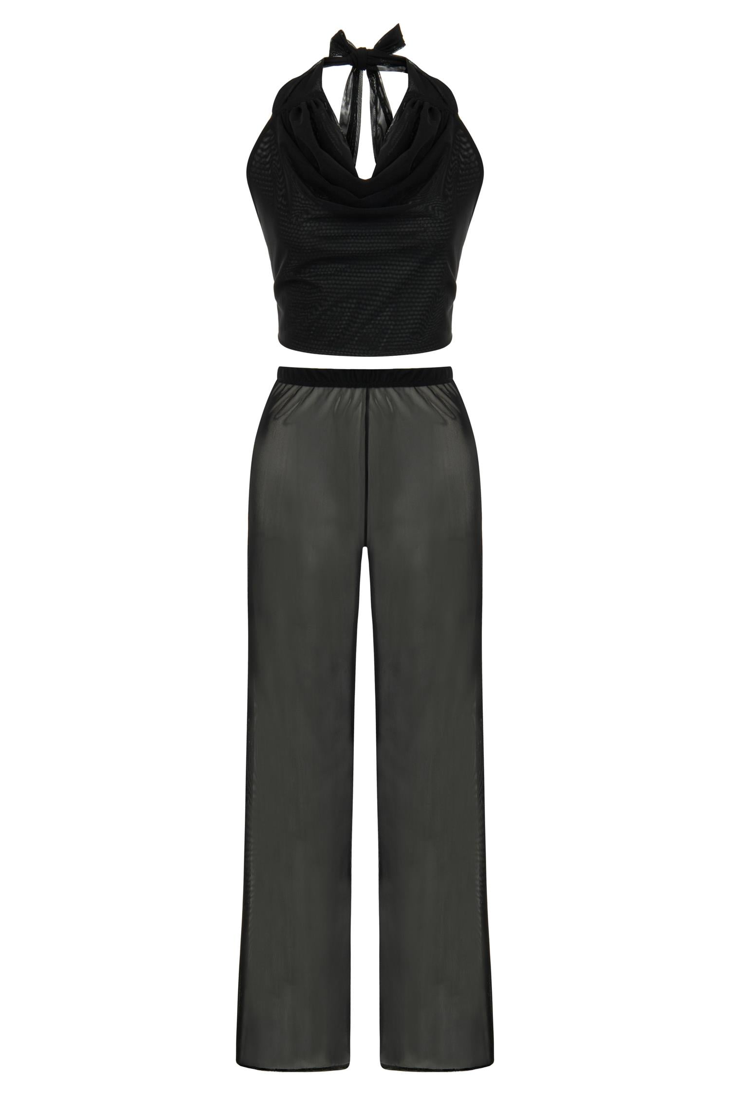 Tül Siyah Crop Top-Pantolon Takım