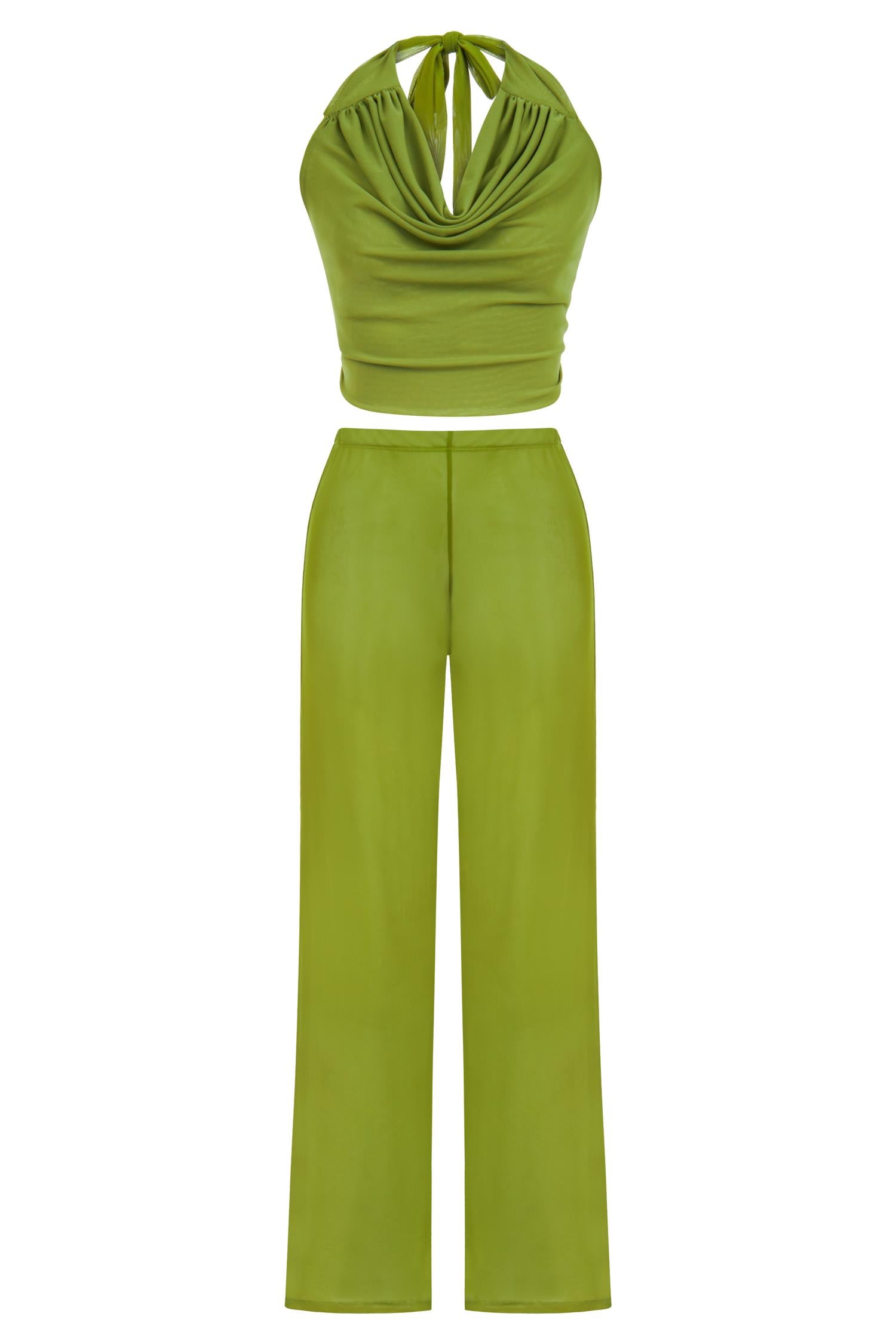 Tül Yağ Yeşili Crop Top-Pantolon Takım