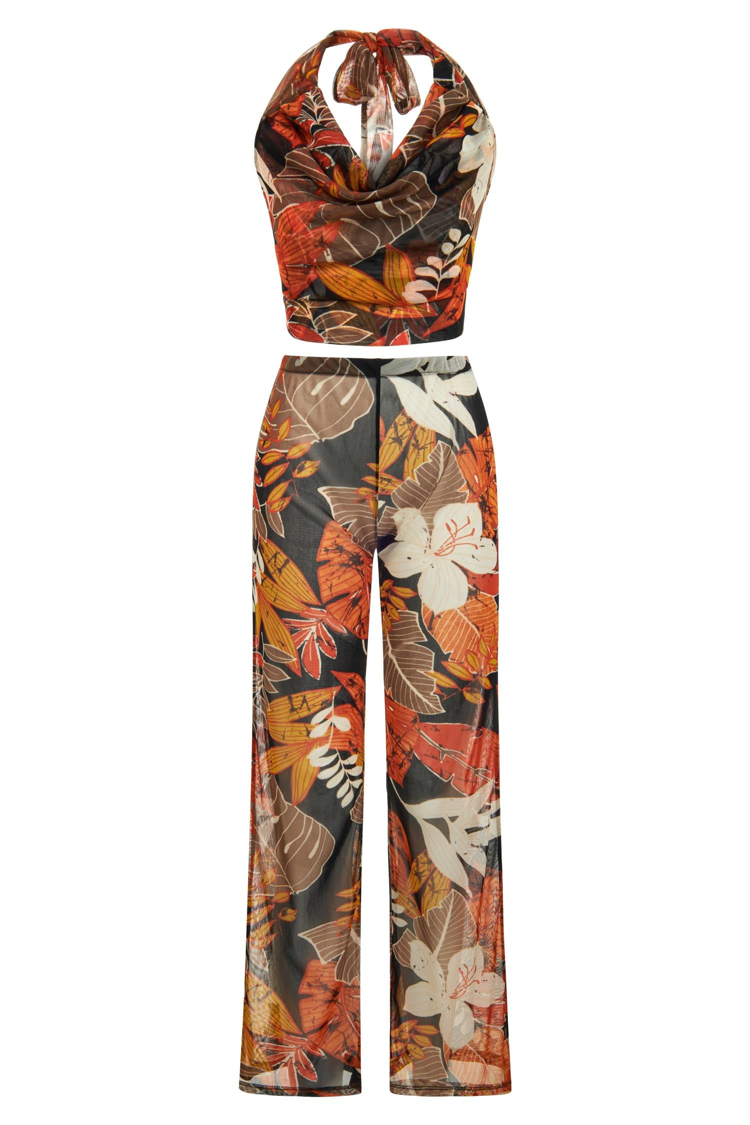 Yaprak Desen Crop Top-Pantolon Takım