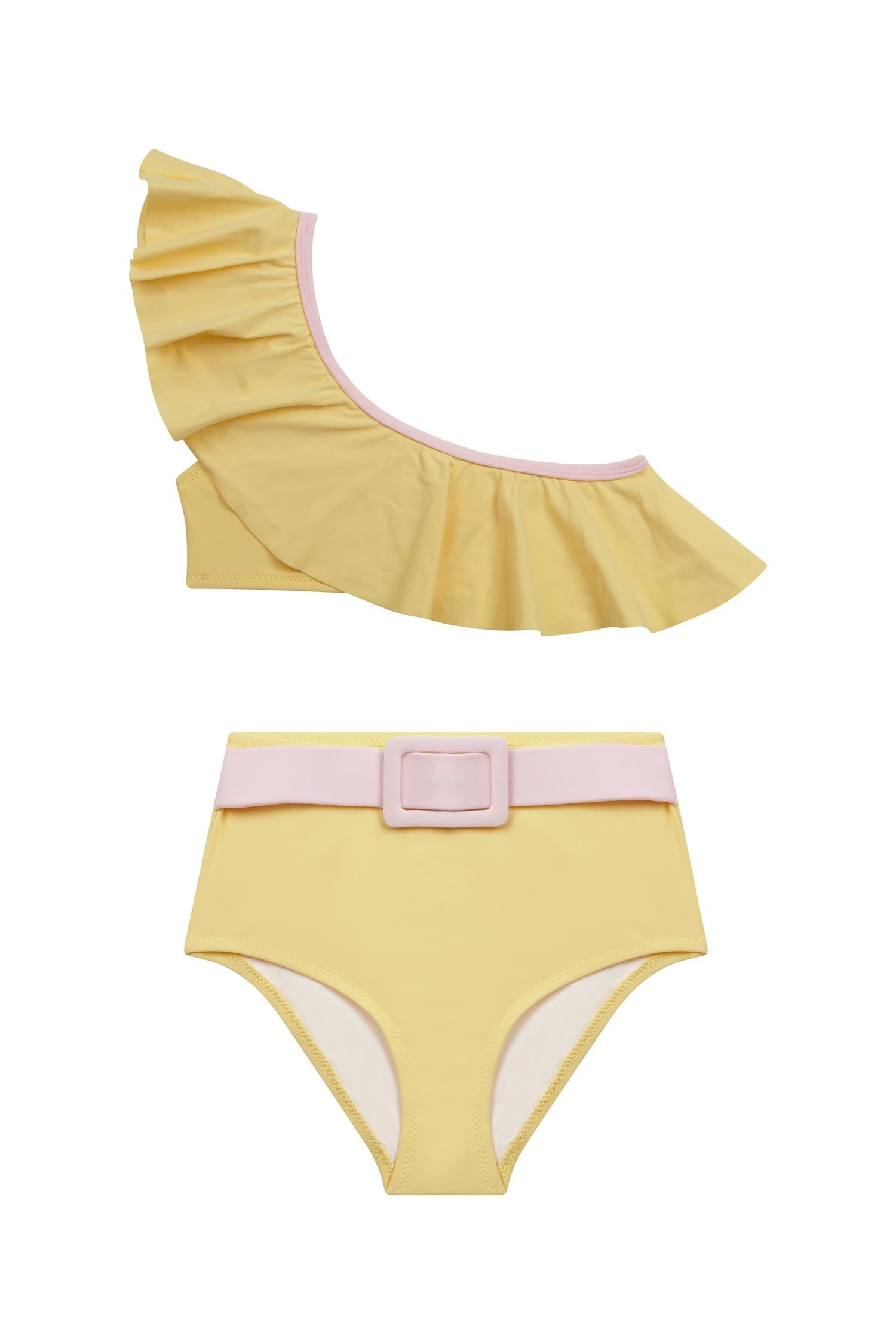 Kız Çocuk Asimetrik Volanlı Kontrast Bikini Takım