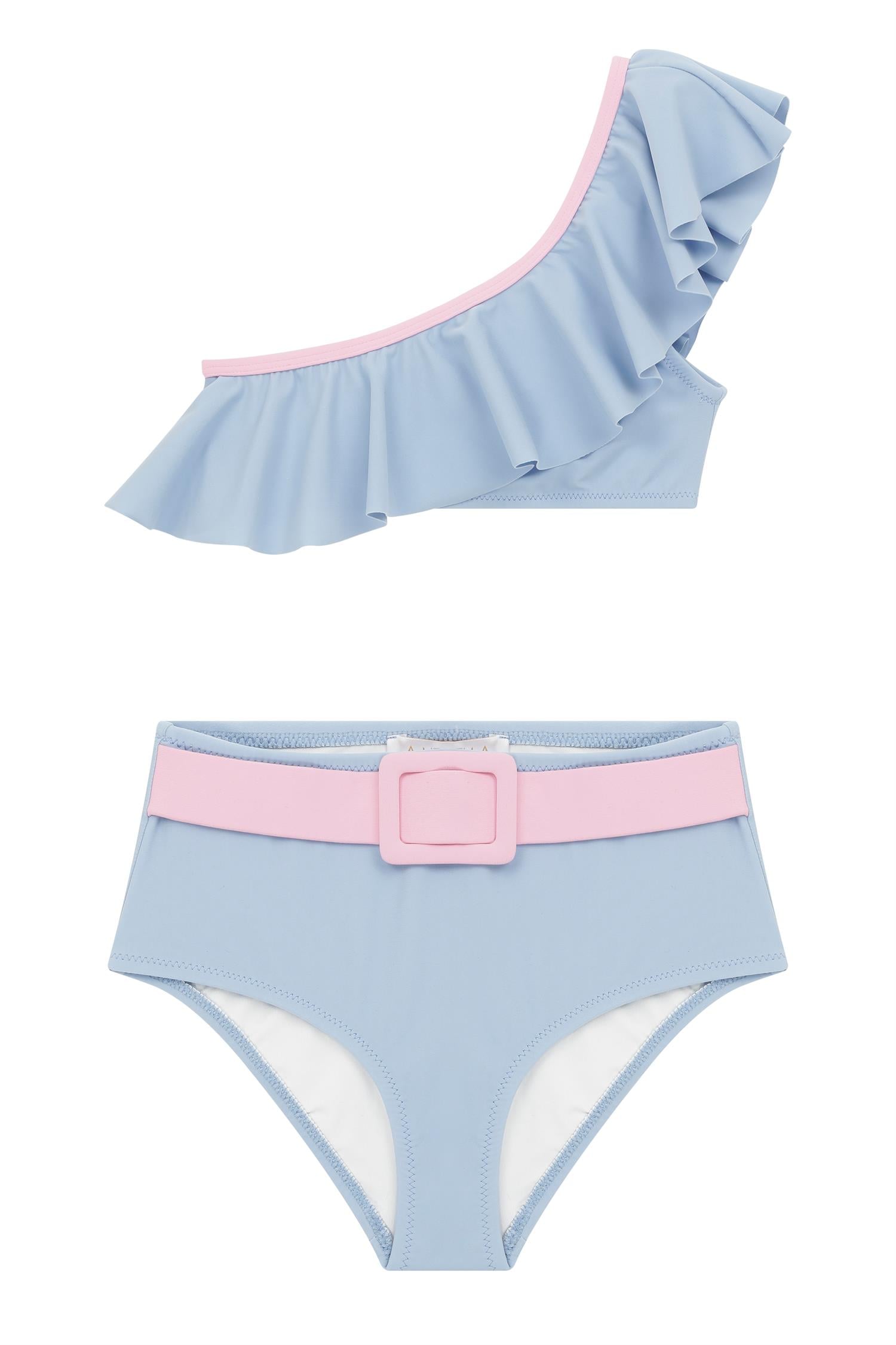 Kız Çocuk Asimetrik Volanlı Kontrast Bikini Takım
