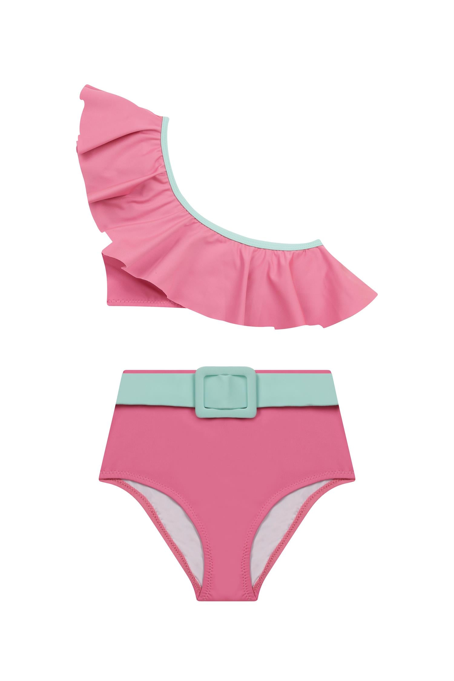 Kız Çocuk Asimetrik Volanlı Kontrast Bikini Takım