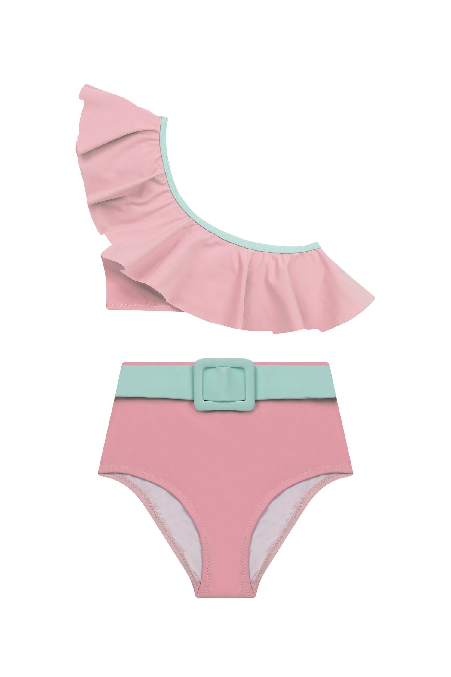 Kız Çocuk Asimetrik Volanlı Kontrast Bikini Takım