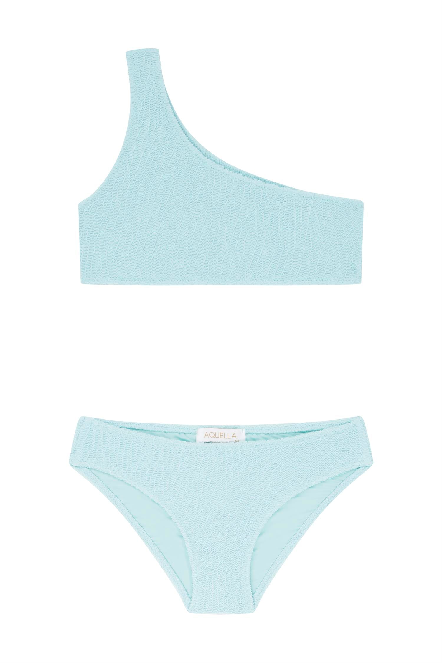 Kız Çocuk Bürümcük Dokulu Tek Omuz Mint Yeşil Bikini Takım 