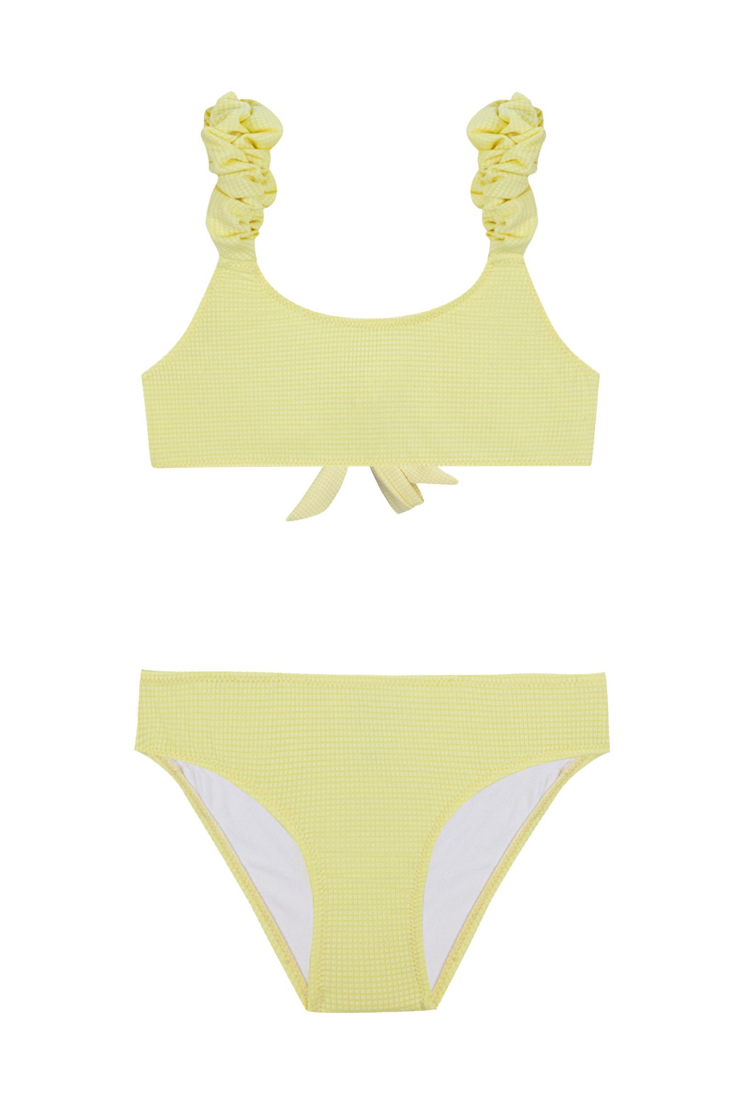 Kız Çocuk Dokulu Sarı Büzgü Detay Bikini Takım