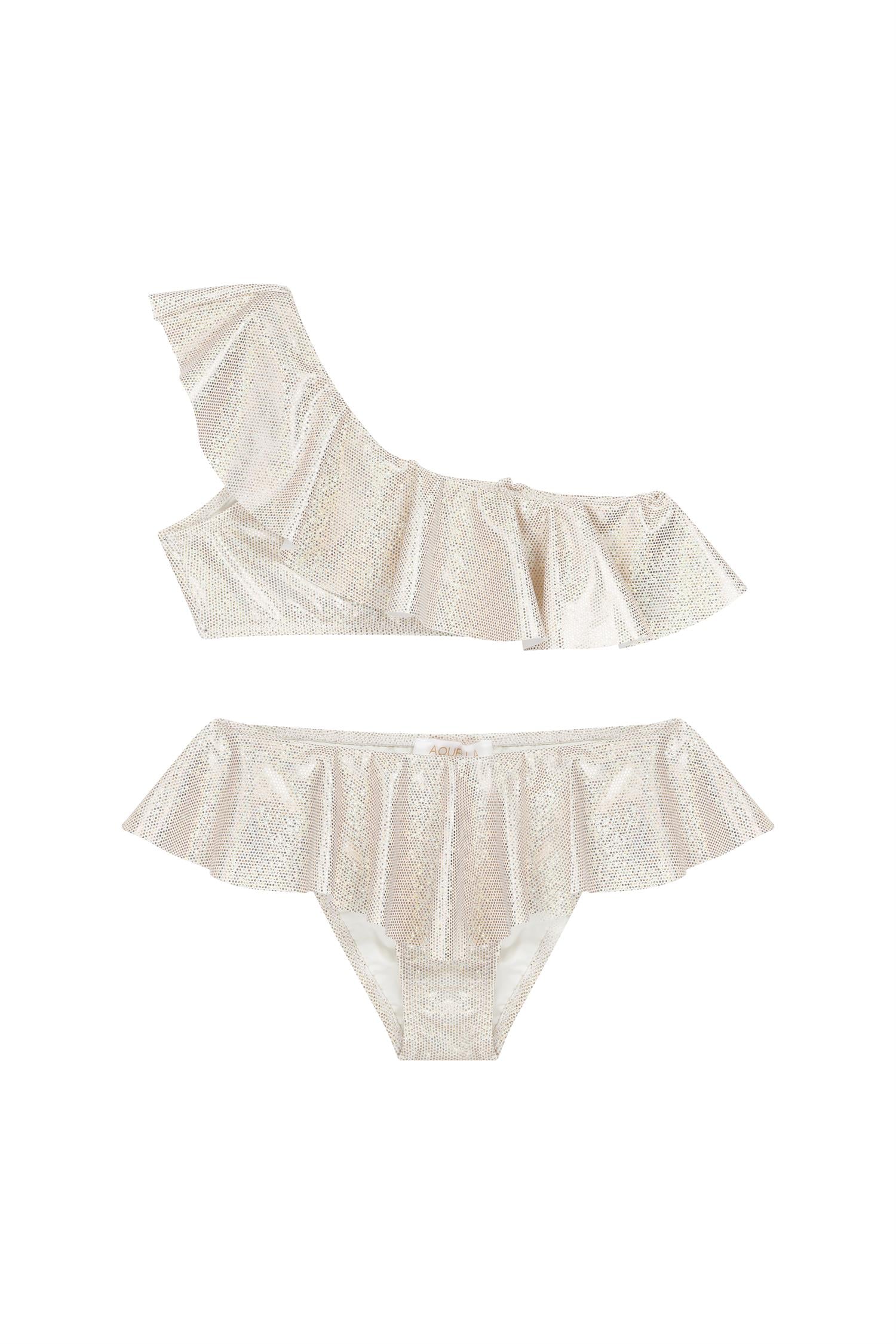 Kız Çocuk Parlak Yüzeyli Gold Volanlı Bikini Takım