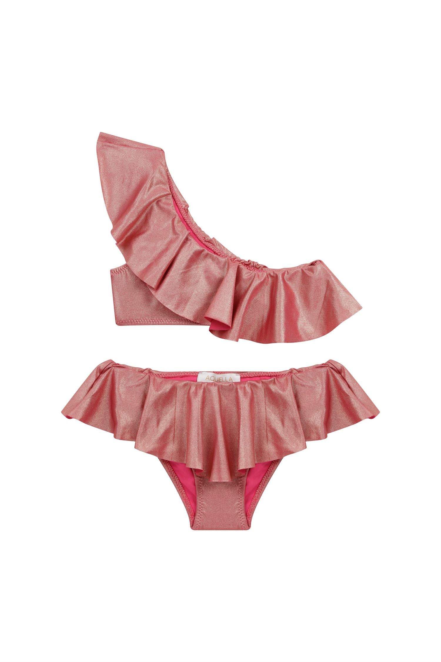 Kız Çocuk Parlak Yüzeyli Vişne Rengi Volanlı Bikini Takım