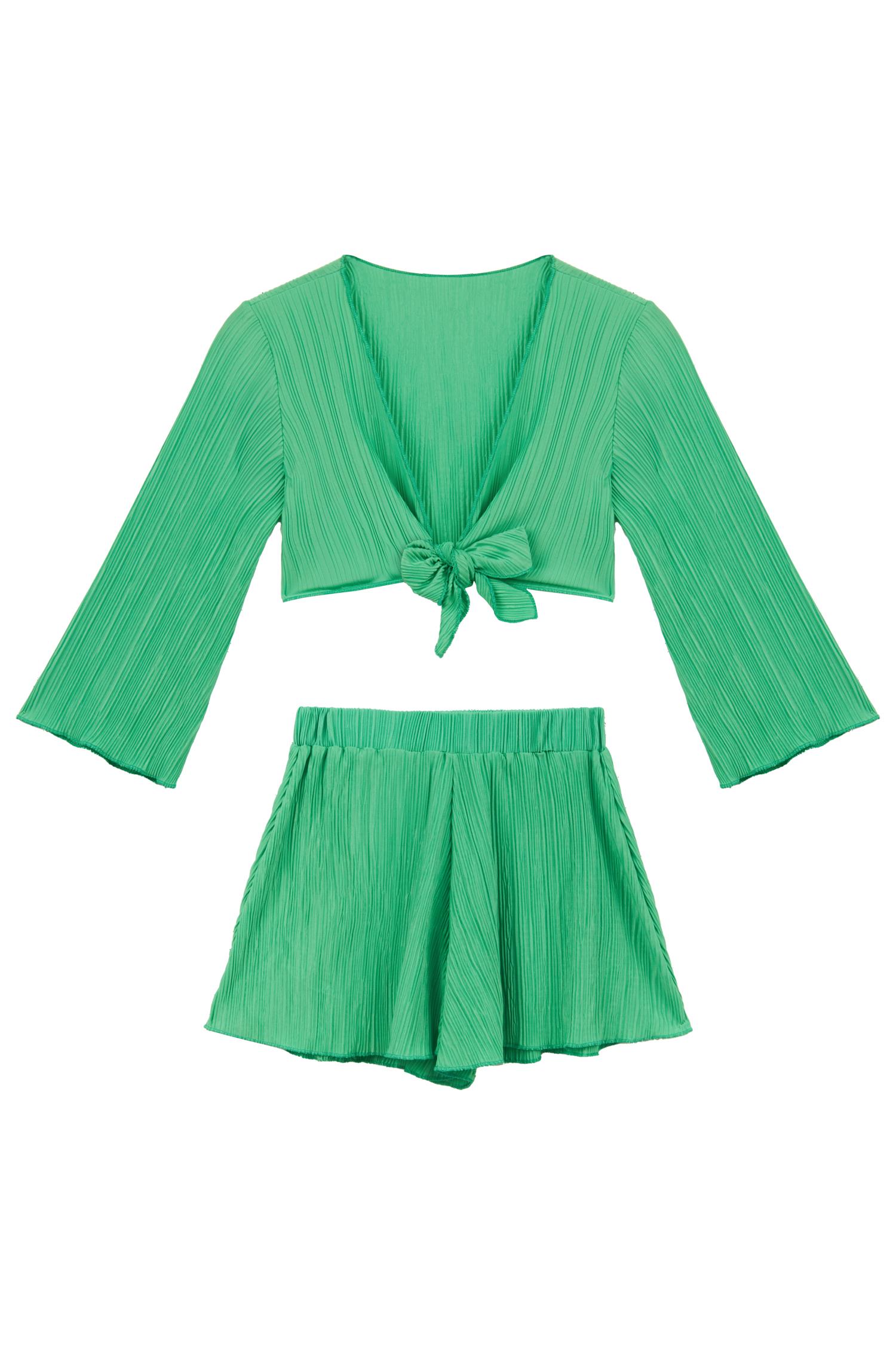 Kız Çocuk Pilili Yeşil Crop Top-Şort Takım