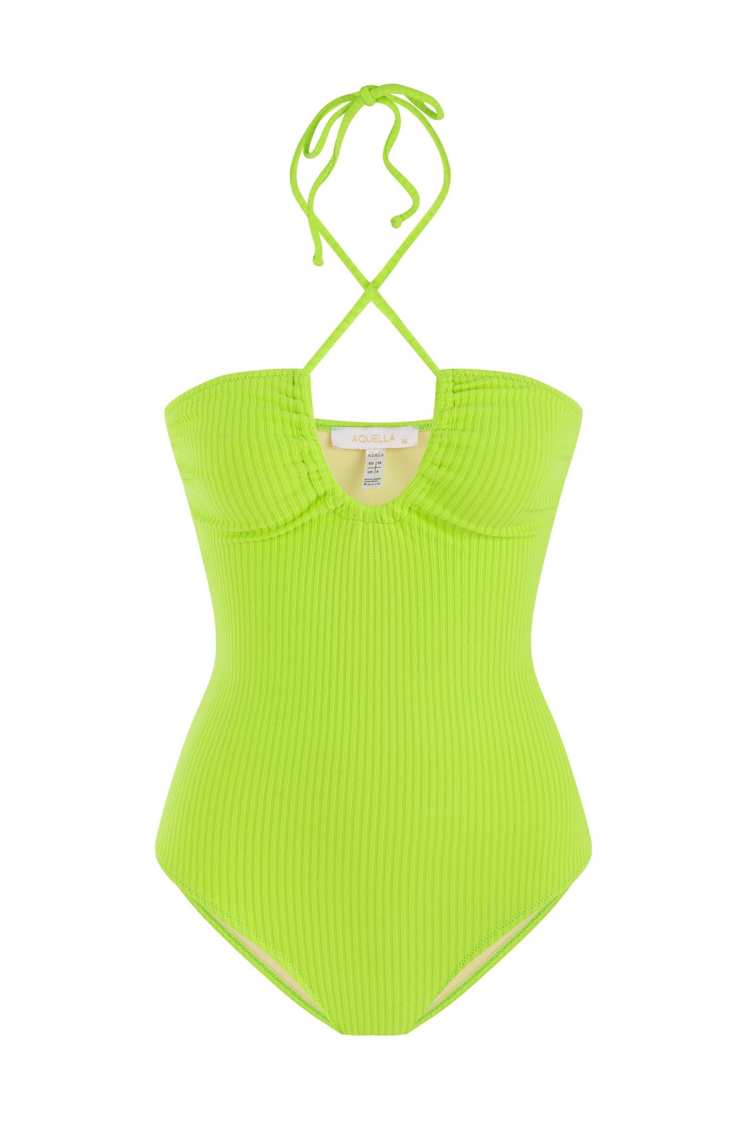 Halter Yaka Dokulu Neon Yeşil Mayo