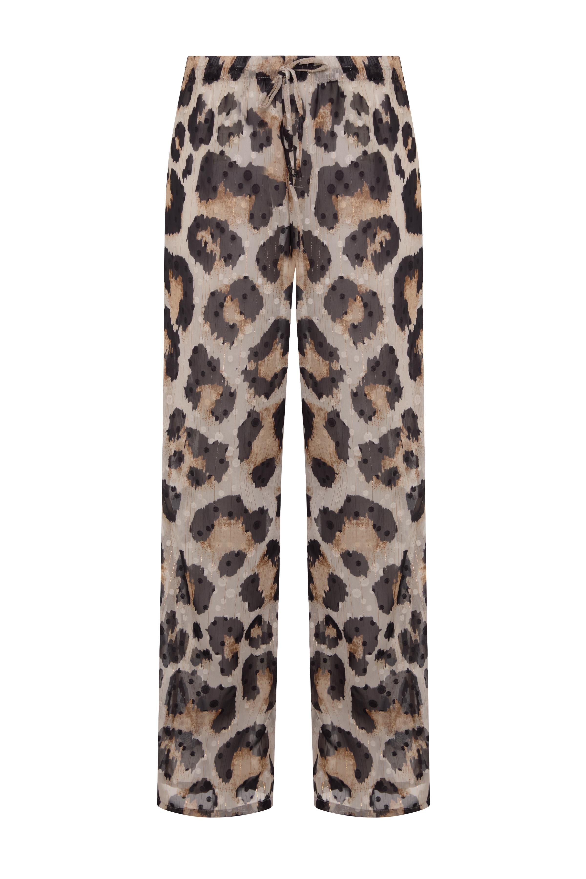 Simli Leopar Desen Bağcıklı Pantolon