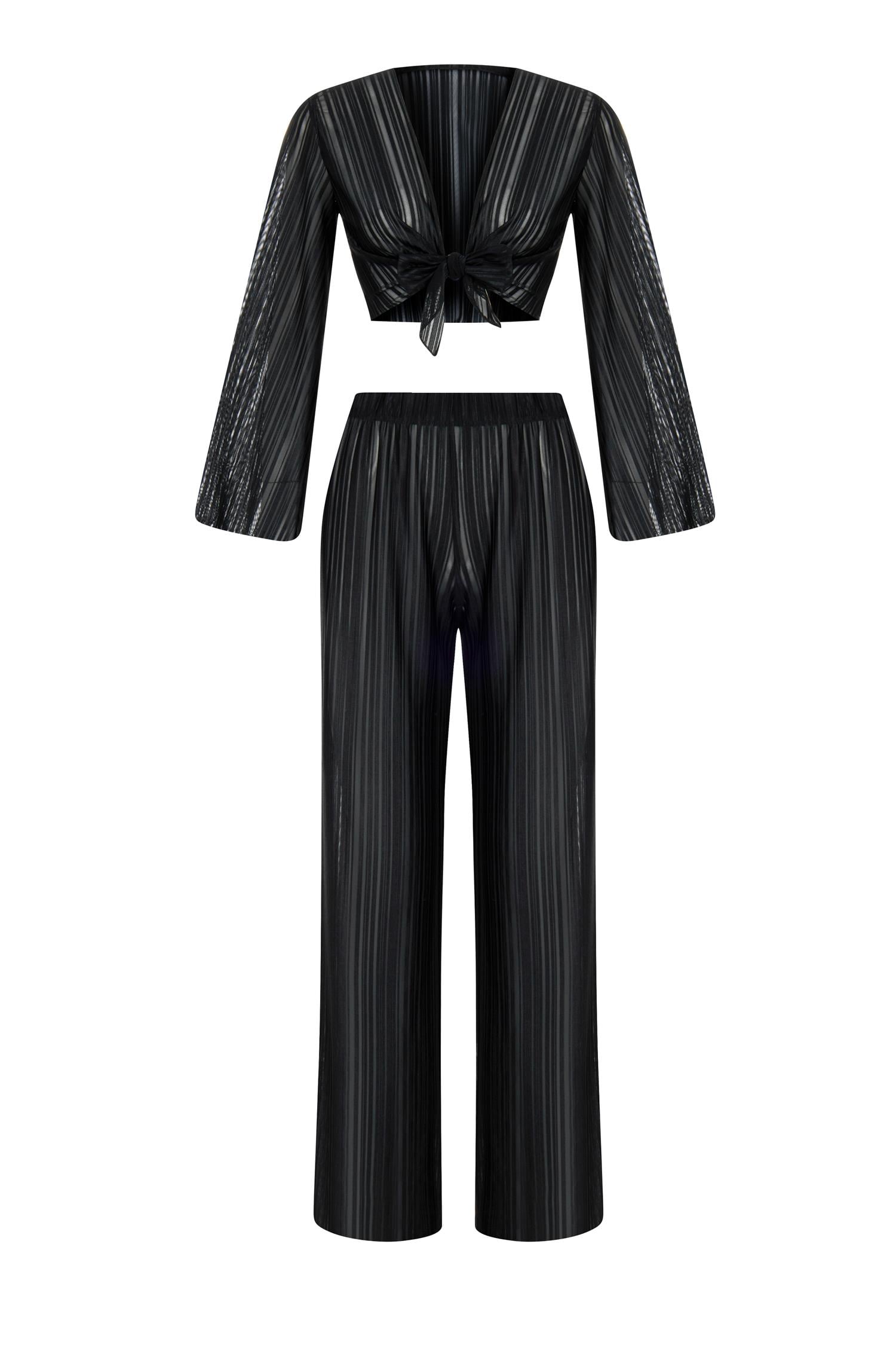 Çizgi Dokulu Tül Siyah Pantolon-Crop Takım