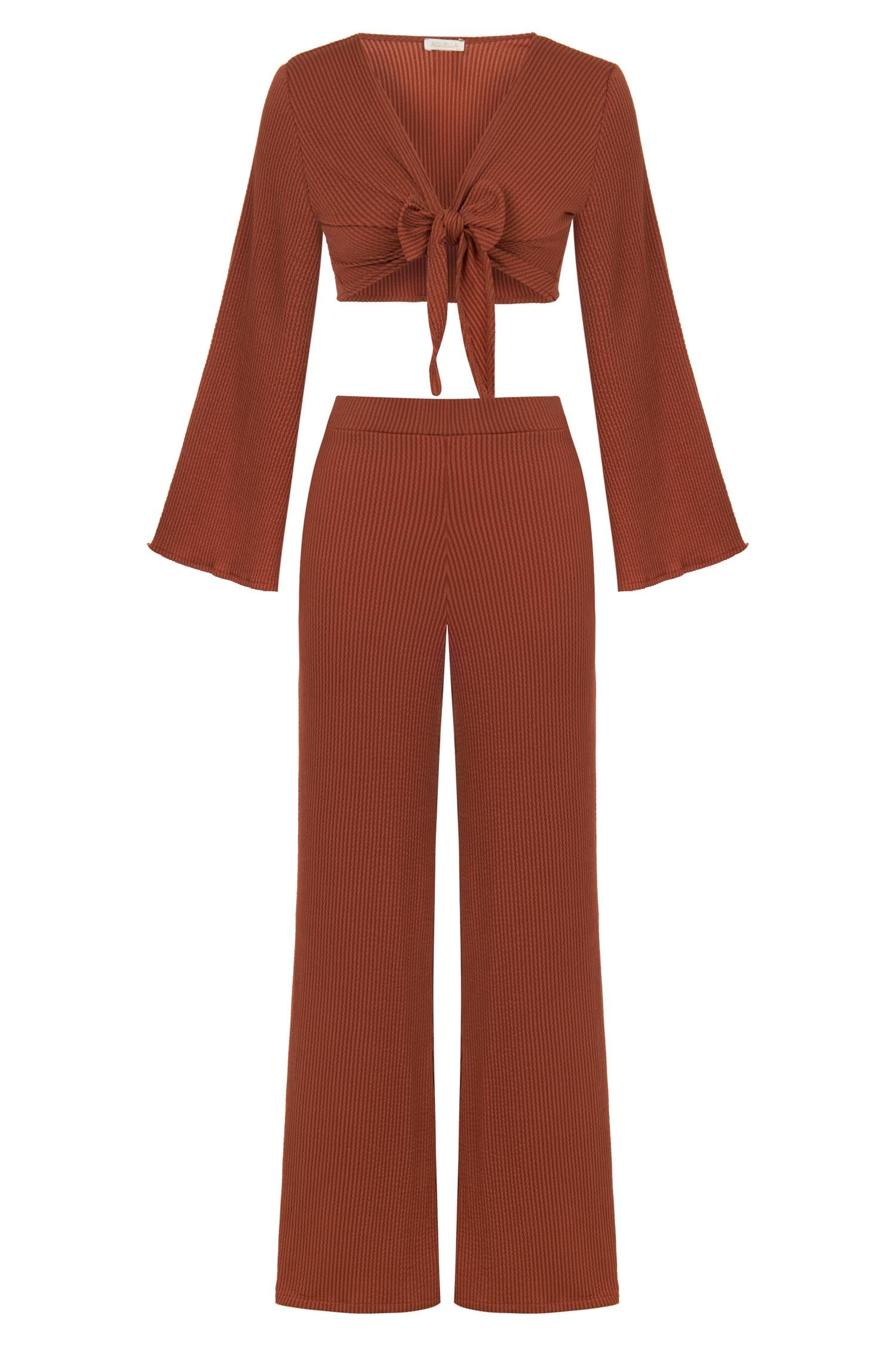 Crop-Top Dokulu Tarçın Pantolon İkili Takım