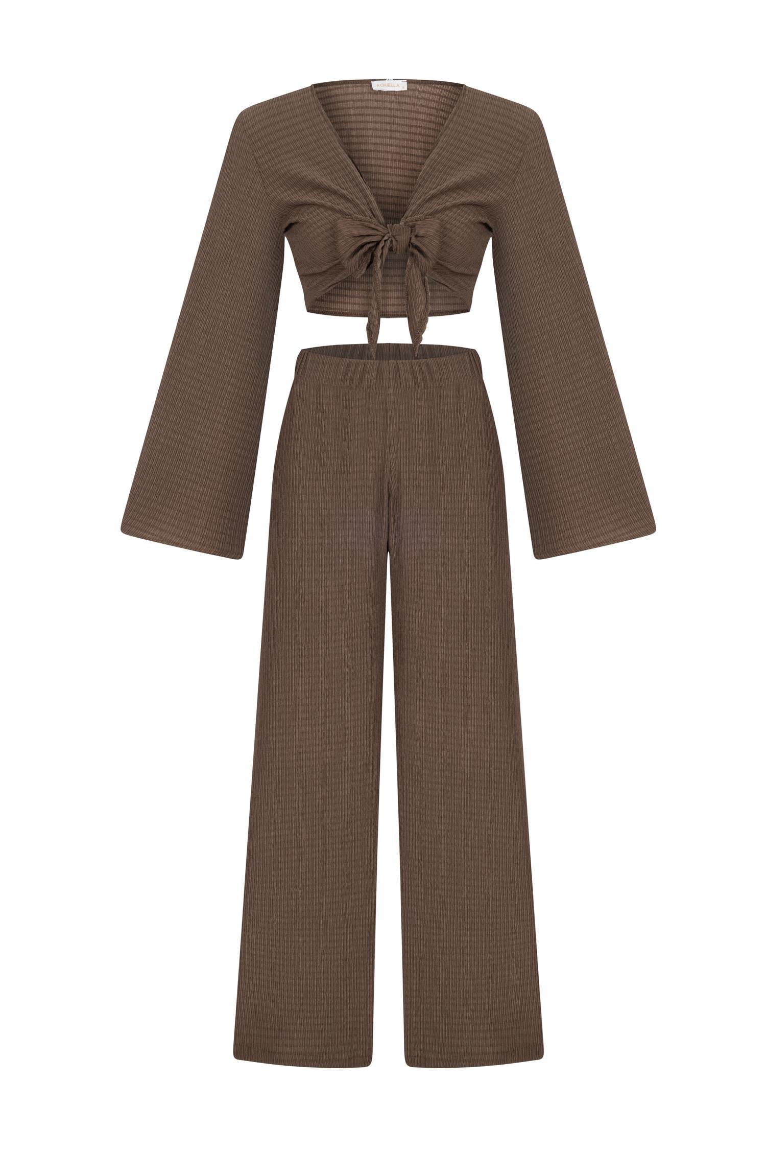 Crop Top-Pantolon Dokulu Kahve İkili Takım