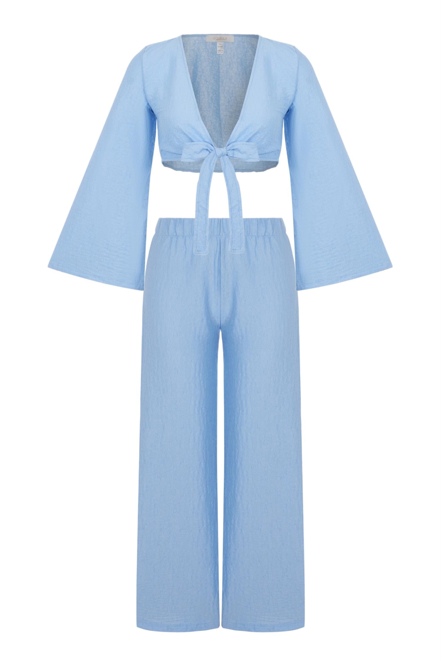 Crop Top-Pantolon Dokulu Mavi İkili Takım
