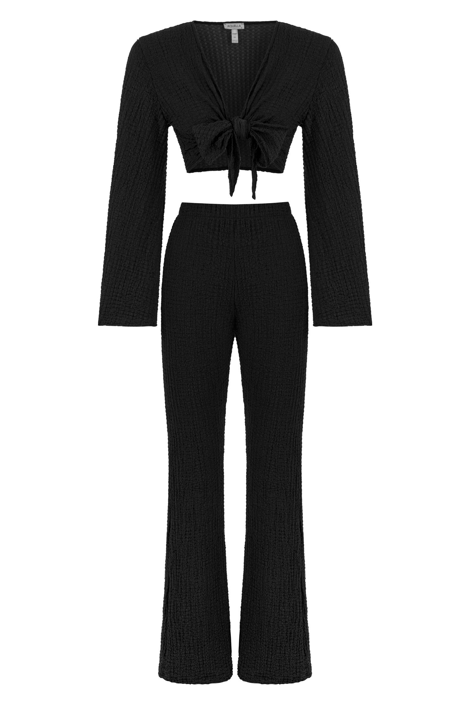 Crop-Top Pantolon Dokulu Siyah Takım