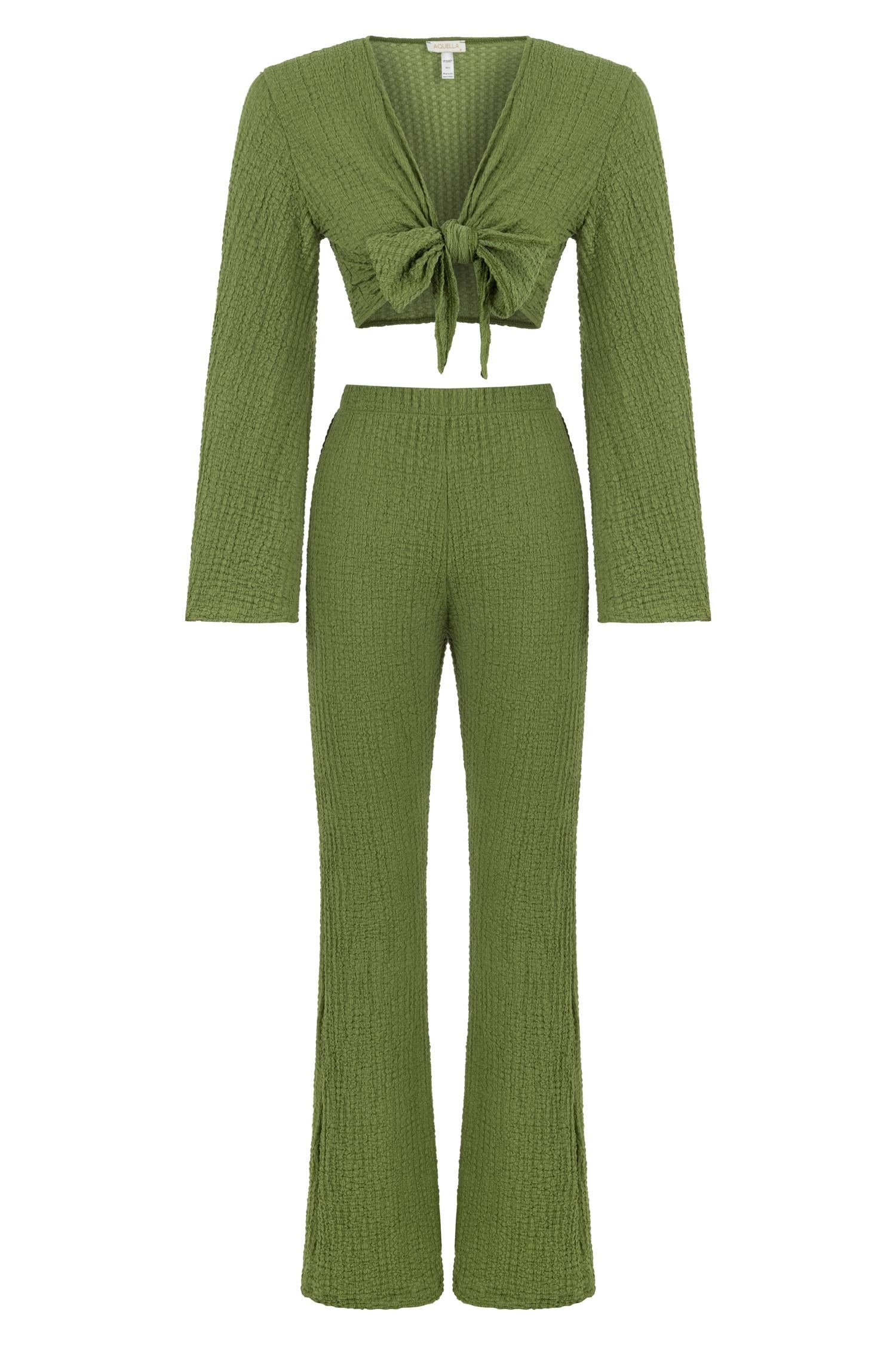 Crop-Top Pantolon Dokulu Yeşil Takım