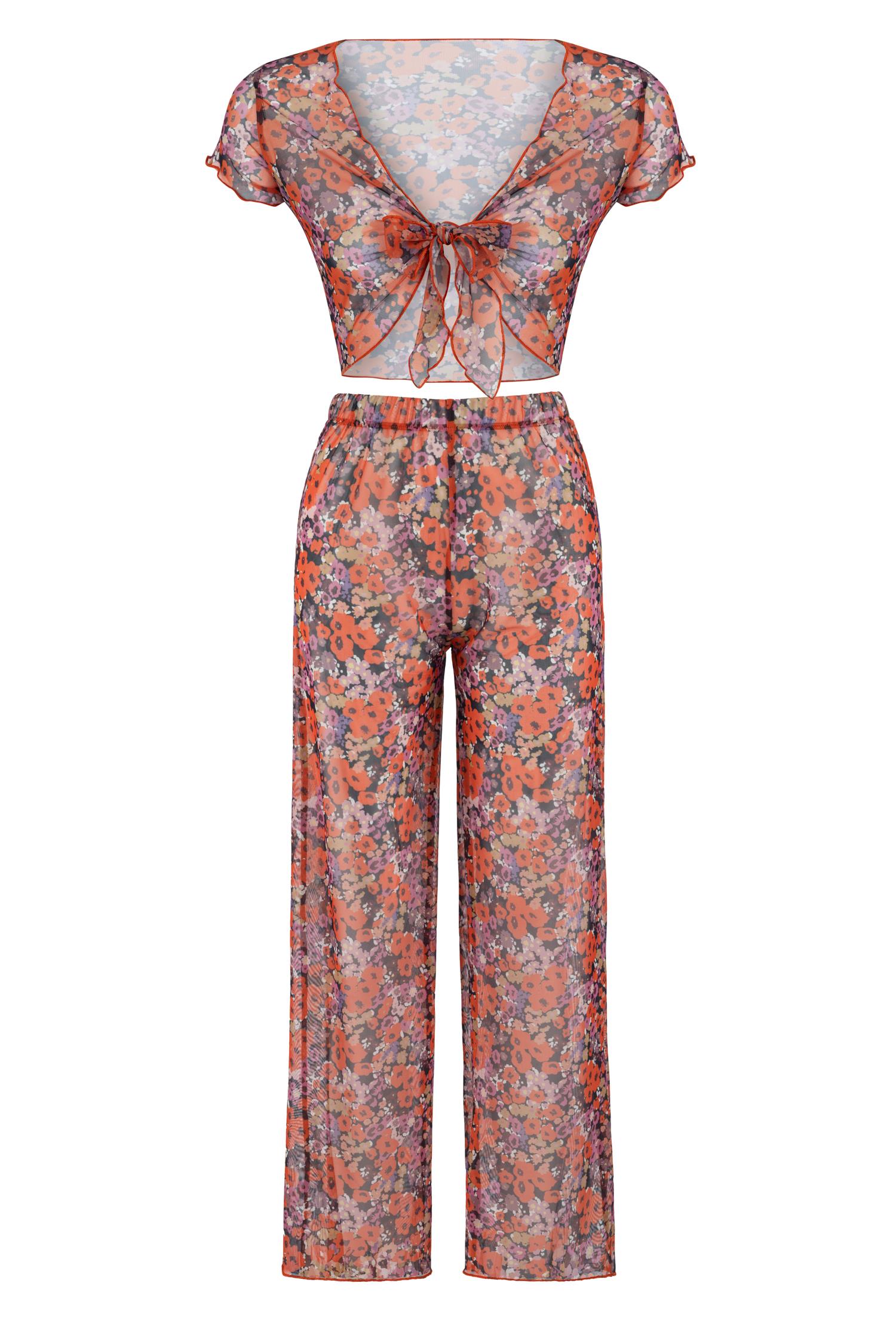Dikiş Detaylı Desenli Tül Crop Pantolon Takım