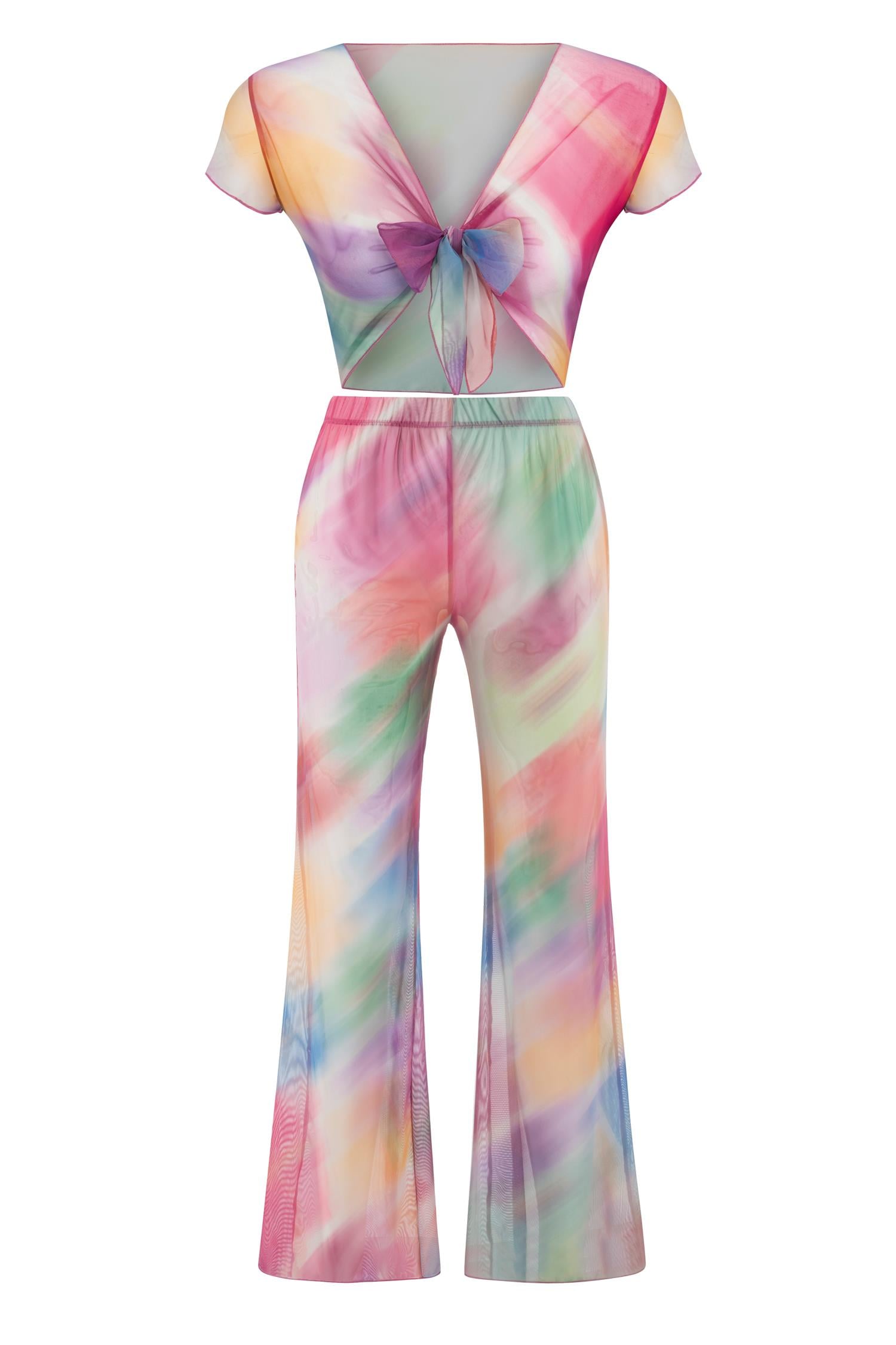 Dikiş Detaylı Renkli Tül Crop Pantolon Takım