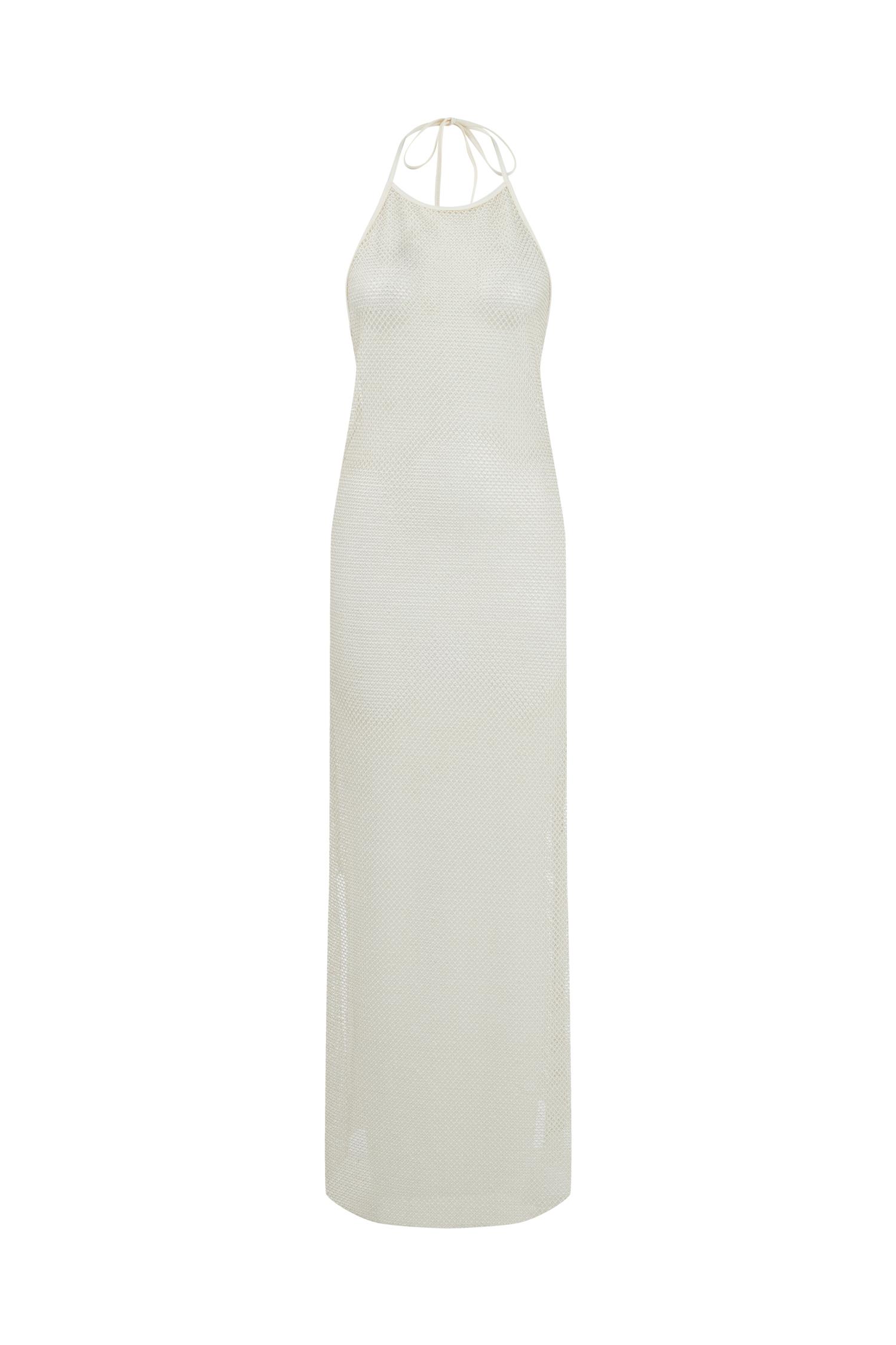 Ekru File Gold Simli Halter Elbise