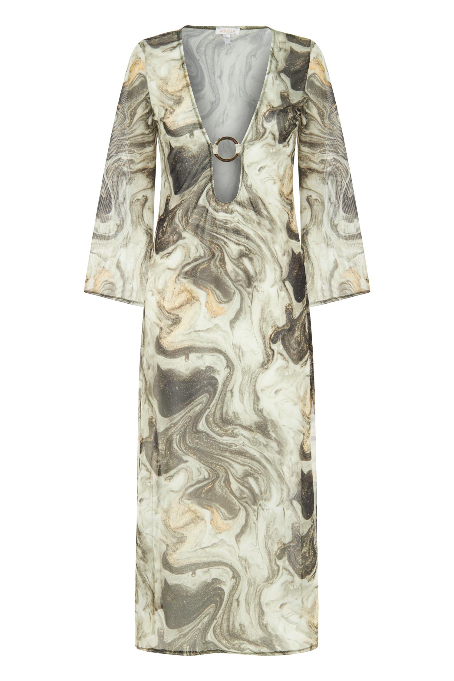 Halka Toka Detaylı Desenli Simli Tül Plaj Elbise