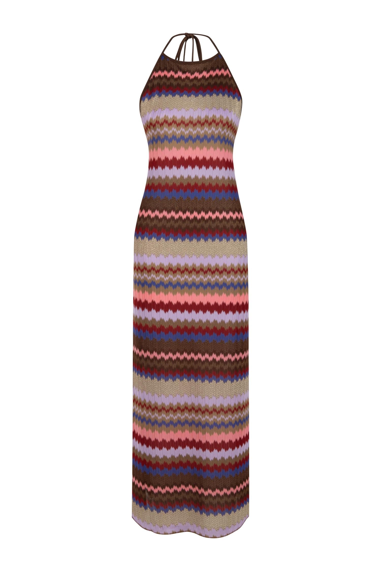 Renkli Triko Halter Yaka Elbise
