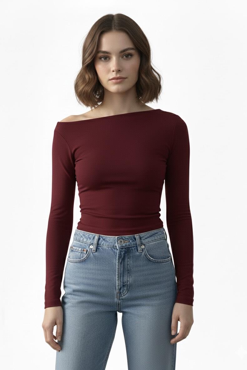 Düşük Omuz Detaylı Bluz - Bordo