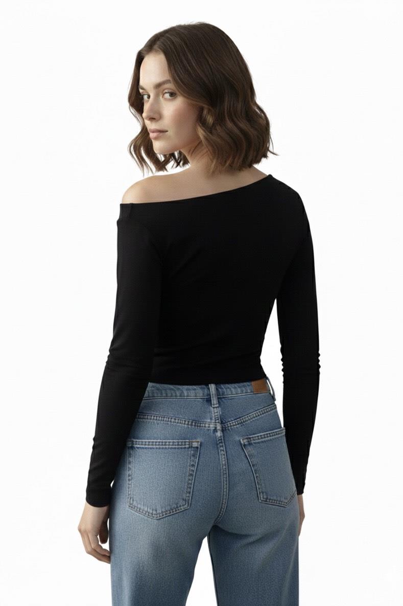 Düşük Omuz Detaylı Bluz - Siyah