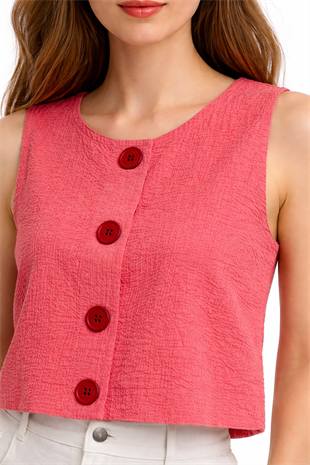 Düğmeli Crop Gömlek - Bordo Desenli