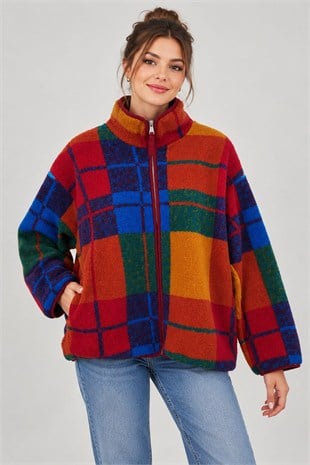 Peluş Teddy Ceket-Bordo Desenli