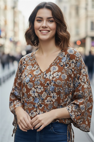 V Yaka Bluz - Hardal Desenli