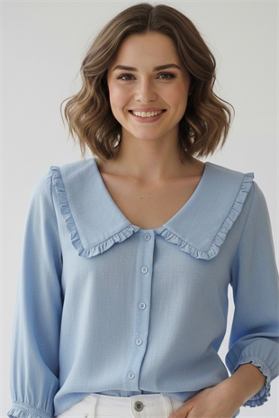 Yaka Detaylı Gömlek - Mavi