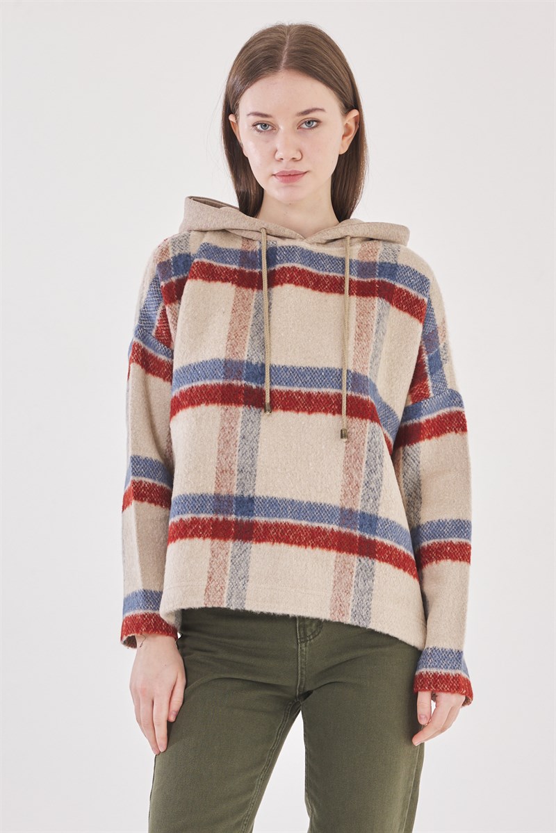  Kapüşonlu Sweatshirt - Bej Bordo Ekose