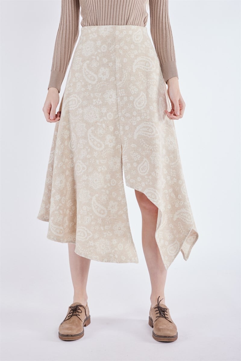 Asimetrik Kesim Etek - Bej Desenli