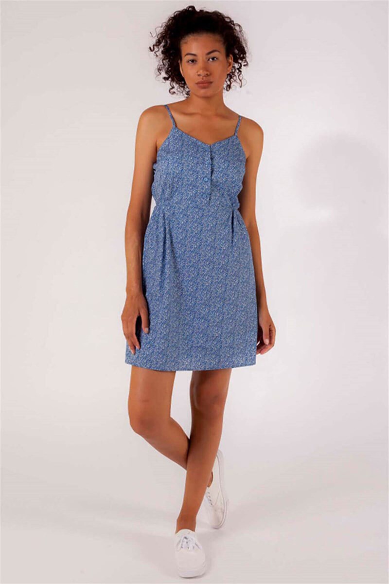 Askılı Elbise - Ekru Mavi Çiçekli