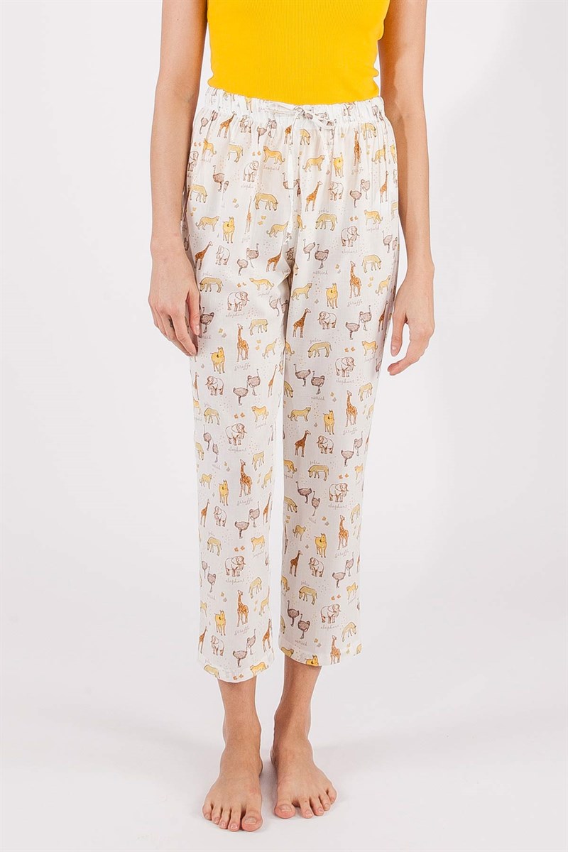Bel Lastikli Pijama - Ekru Desenli